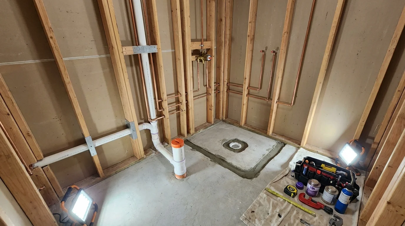 Bathroom rough-in plumbing during remodel by Johns Plumbing LLC in Big Flats