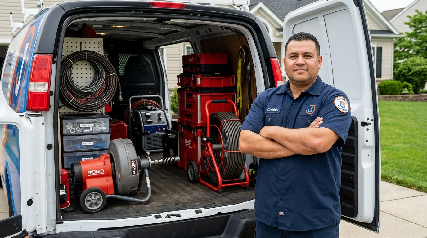 Professional drain cleaning equipment and Johns Plumbing LLC plumber in Big Flats