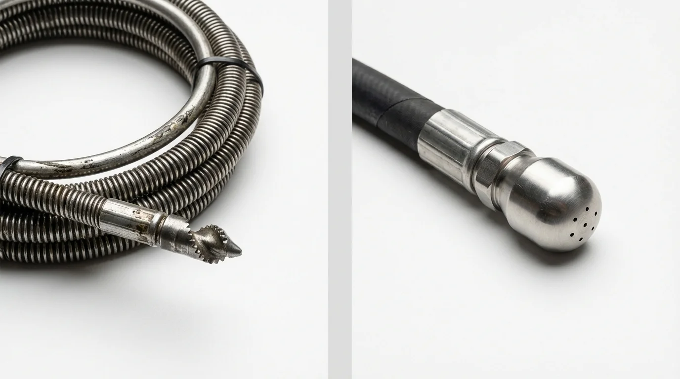 Drain snake cable and hydro jetting nozzle used for drain cleaning in Big Flats, NY