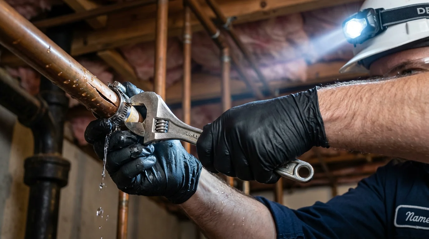 Emergency pipe clamp repair being performed by a Johns Plumbing LLC plumber in Big Flats