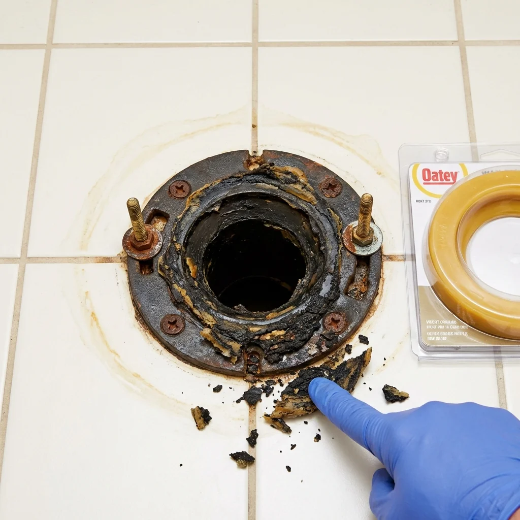 Failed wax ring showing water seepage at the base of a toilet in a Big Flats, NY home