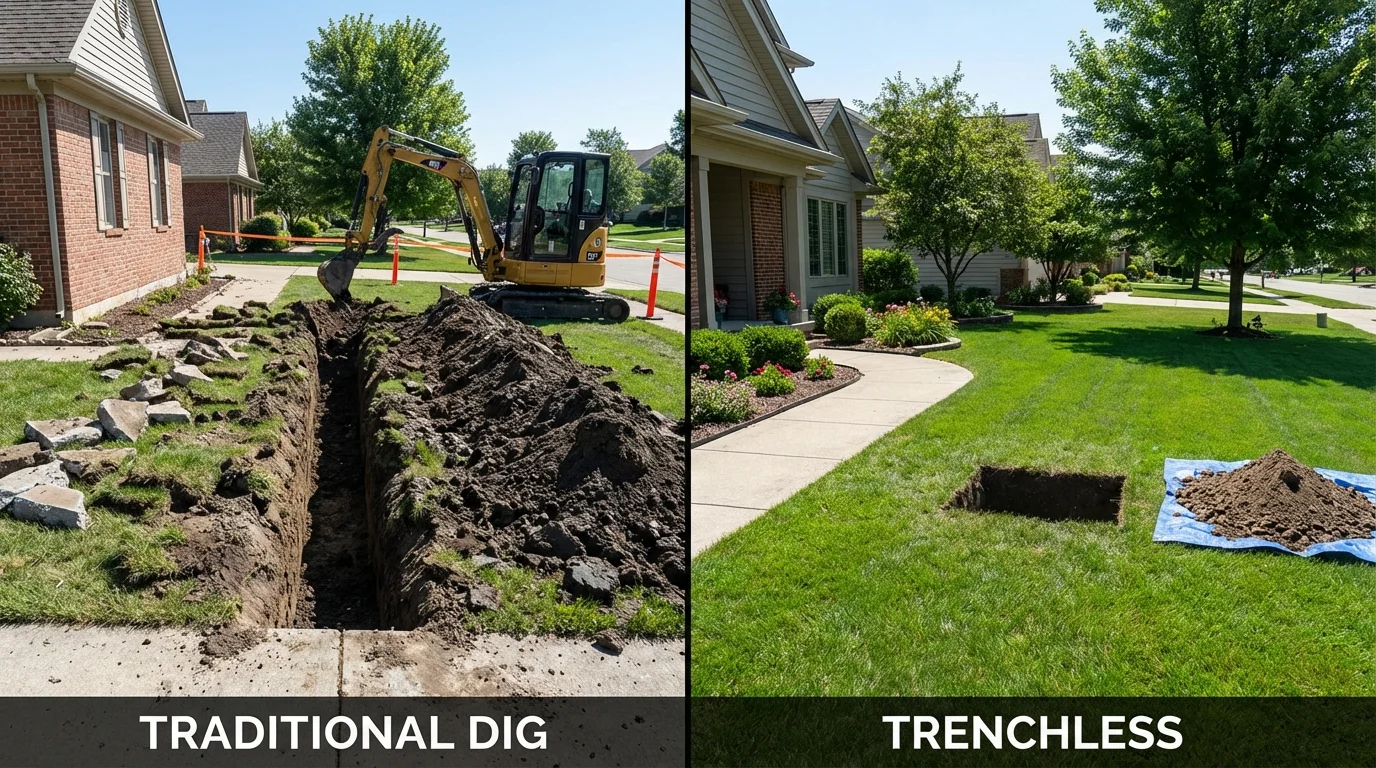 Trenchless sewer repair with minimal yard damage versus traditional excavation in Big Flats, NY