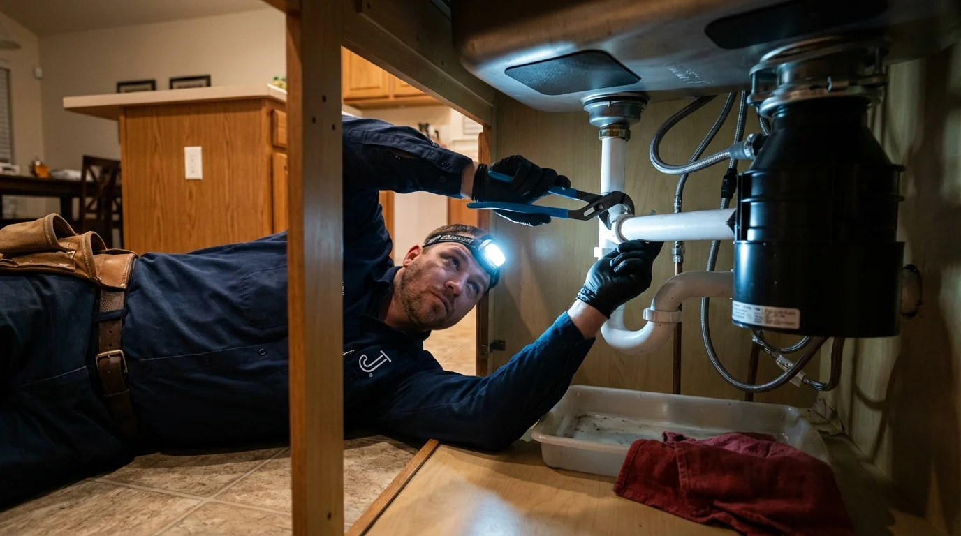P-trap and supply line connections under a kitchen sink showing a common leak point in Big Flats, NY